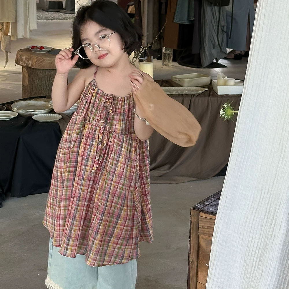 Юбка на подтяжках в клетку для девочек, лето 2024, корейский стиль, самая удобная для сочетания с жилетом в западном стиле, юбка 151, красочное клетчатое платье