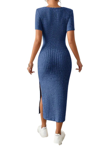 2024 European and American foreign trade women's clothing summer French square neck, side split bag, hip skirt, knitted, short-sleeved, slim dress