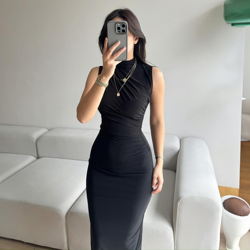 European and American style cross-border Amazon women's new solid color split high waist slim sexy sleeveless long dress