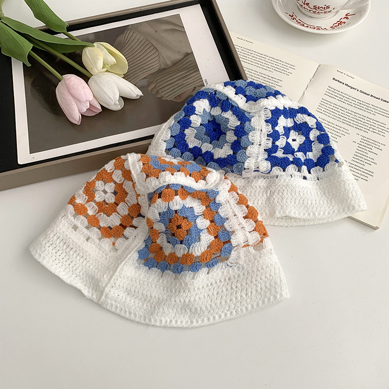 Sombrero de cabeza grande Sombrero de pescador de arte japonés Sombrero plegable de cúpula de flores de punto a juego de color para mujer Sombra de protección solar