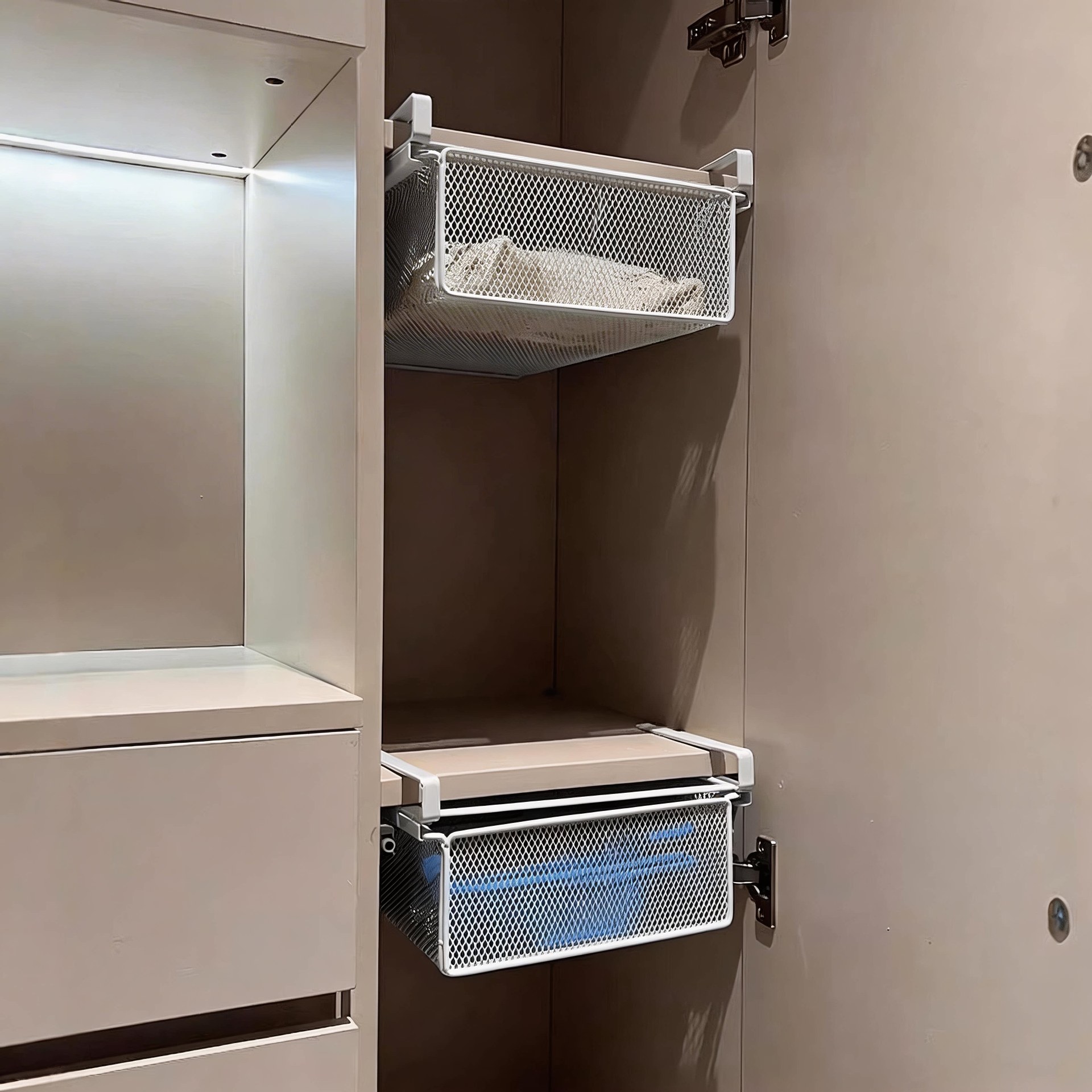 Wardrobe Storage Rack for Home Use, Layered Hanging Basket, No-Drill Hanging Cabinet Storage Rack, Wall-Mounted Cabinet Underwear Basket