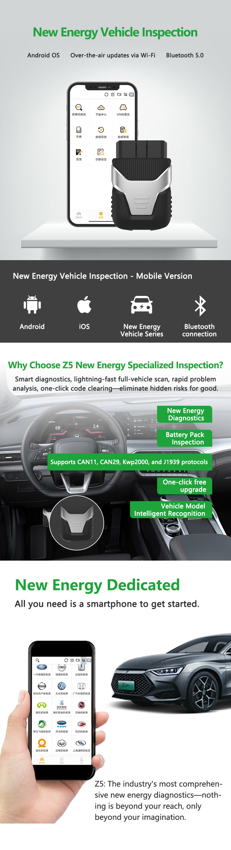 New energy vehicle fault diagnostic instrument battery pack single cell voltage three electric system OBD mobile phone detector