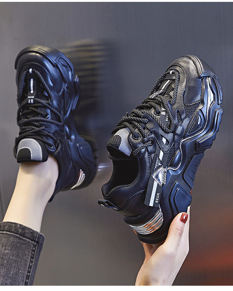 Women's Genuine Leather Chunky Sneakers - Height Increasing Shoes_voghion.com