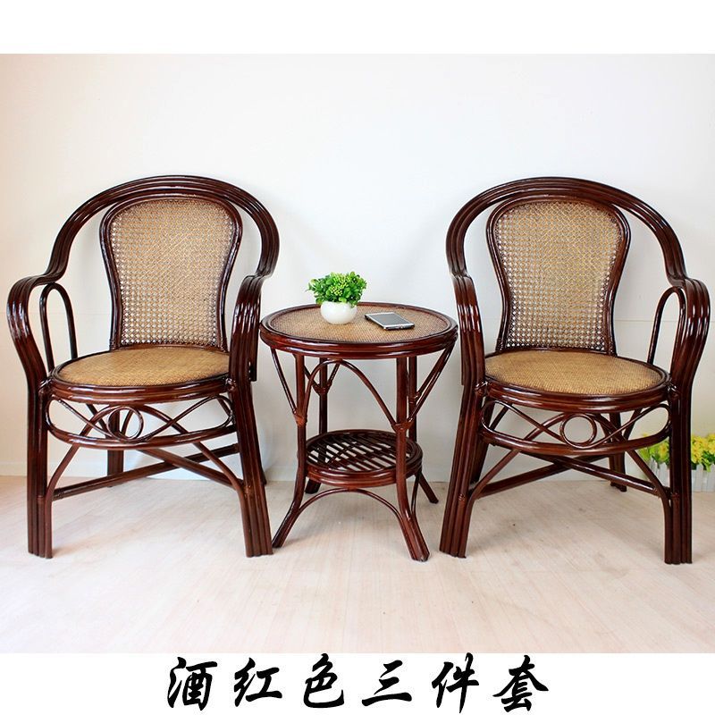 Real Rattan Chair Three-piece Set Balcony Table and Chair Coffee Table Handmade Chair Elderly Single Back Chair Teng Chair Rattan Chair Home