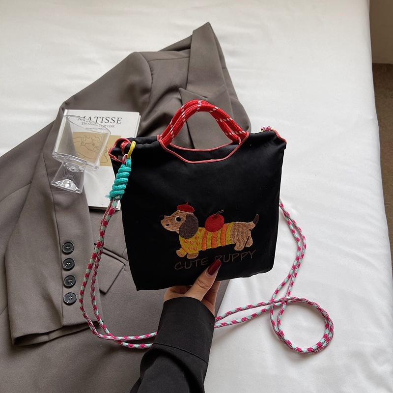 日系刺繍かわいいソーセージ犬バケツバッグ女性2025夏の新型携帯バッグ通勤シングルショルダーバッグ|undefined