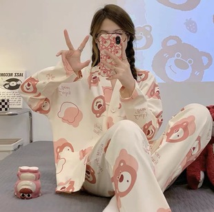 Cute Pajamas Women's Spring and Autumn 2024 New Long Sleeve Outwear plus size suit Strawberry Bear Home Clothes