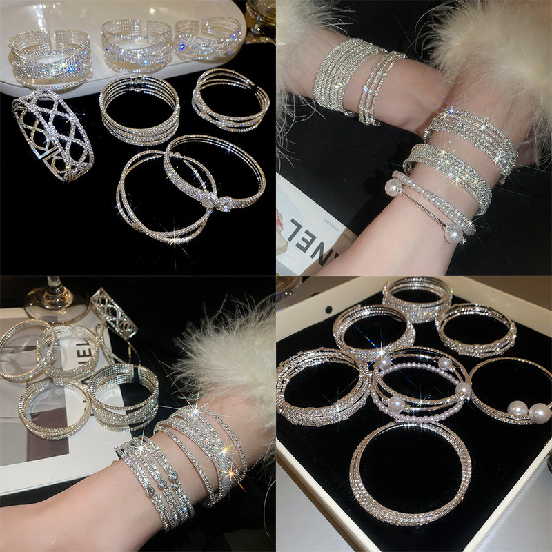 European and American Exaggerated Style Diamond-Encrusted Zircon Open Bracelet, Fashionable and Simple Bracelet, Light Luxury and High-End Jewelry Wholesale