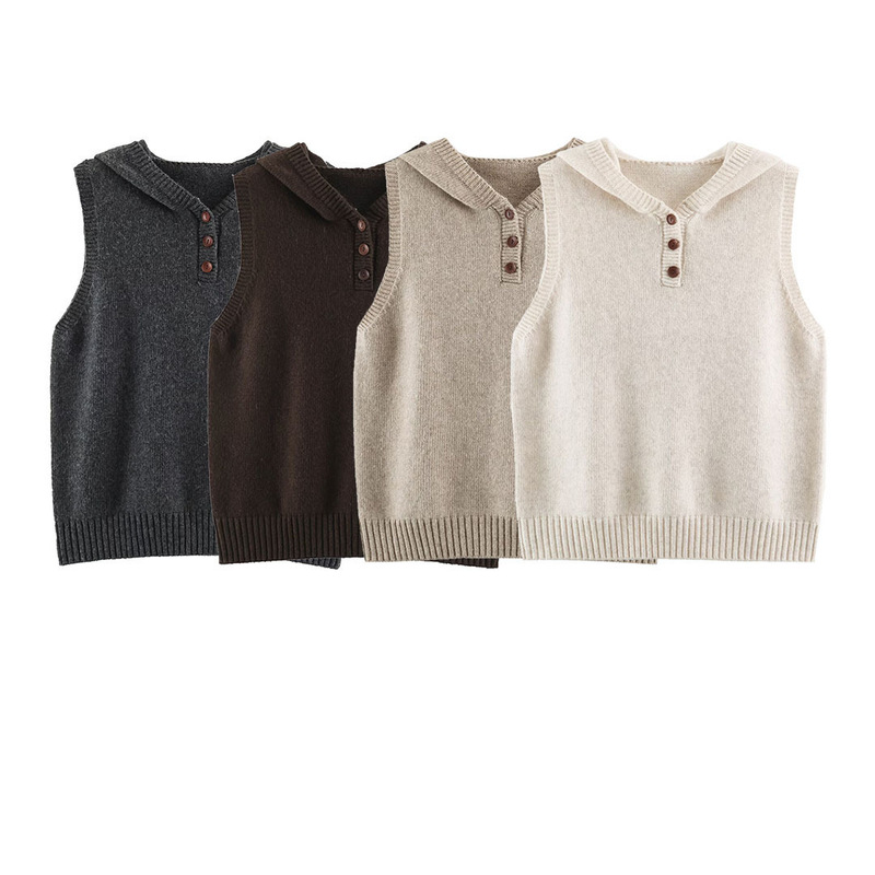 BSK&TRAF Women's Clothing 2026 Autumn New Premium Hooded Button Half-Placket Pullover Knit Vest