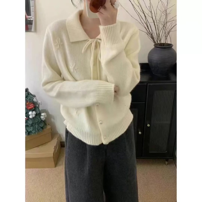 韩系翻领甜美勾花设计针织开衫女2025秋冬新款蝴蝶结软糯毛衣外套|undefined