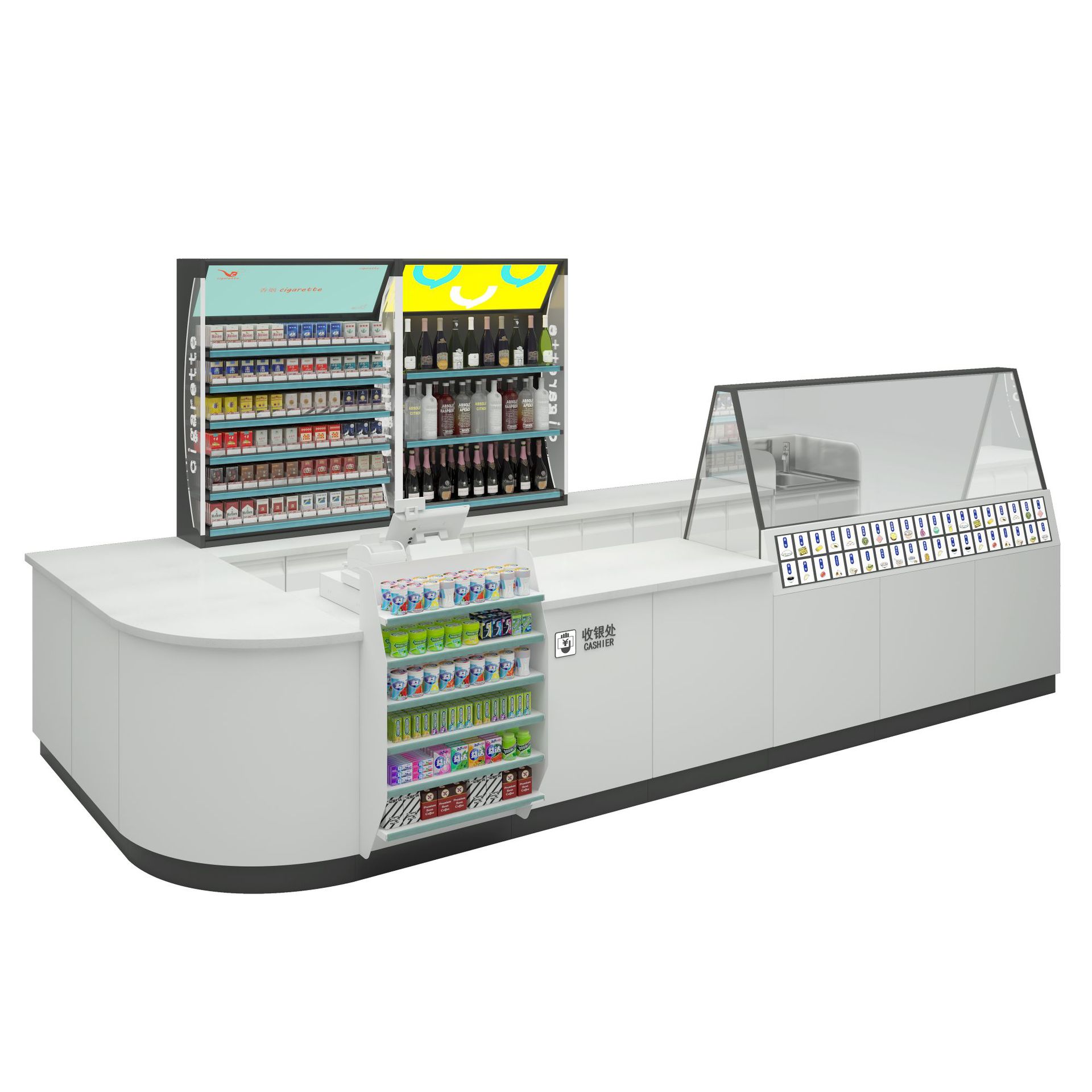 Tienda de conveniencia supermercado caja registradora exhibición en una tienda de bebidas y tabaco tienda de bocadillos bar de esquina personalizado