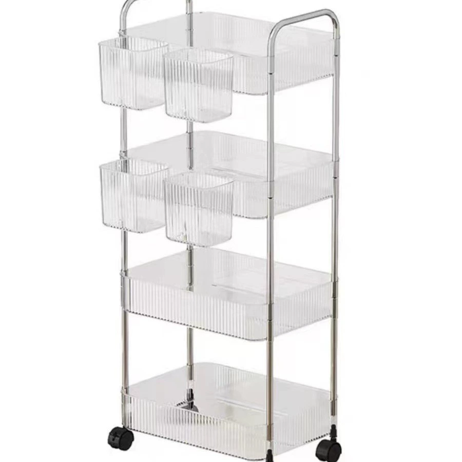 Acrylic Rolling Storage Cart, Multi-Layer 2–4 Tiers, 38×23 cm, Optional Hanging Baskets