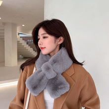 時尚簡約韓版女式素色仿毛絨秋冬季平排交叉圍脖長方形保暖圍巾
