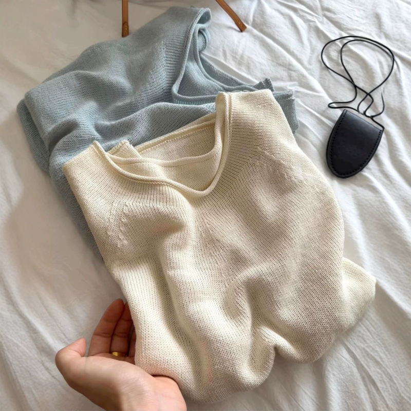 Recommended! Off-White Imported Washi Yarn Rolled-Edge Short-Sleeve Knit Top for Women, Summer Thin Style, Loose Fit, Slimming Top