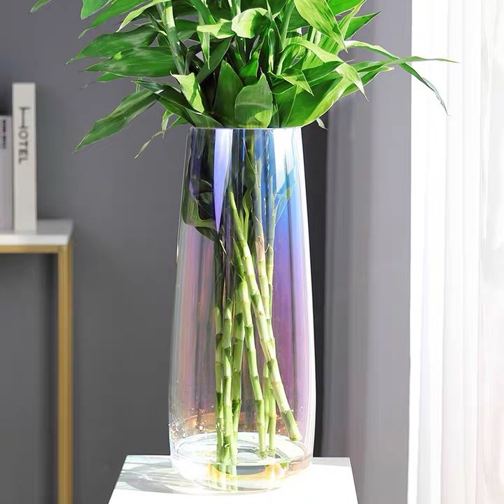 简约大号透明玻璃落地花瓶电镀七彩烟灰琥珀色单只插花装饰摆件