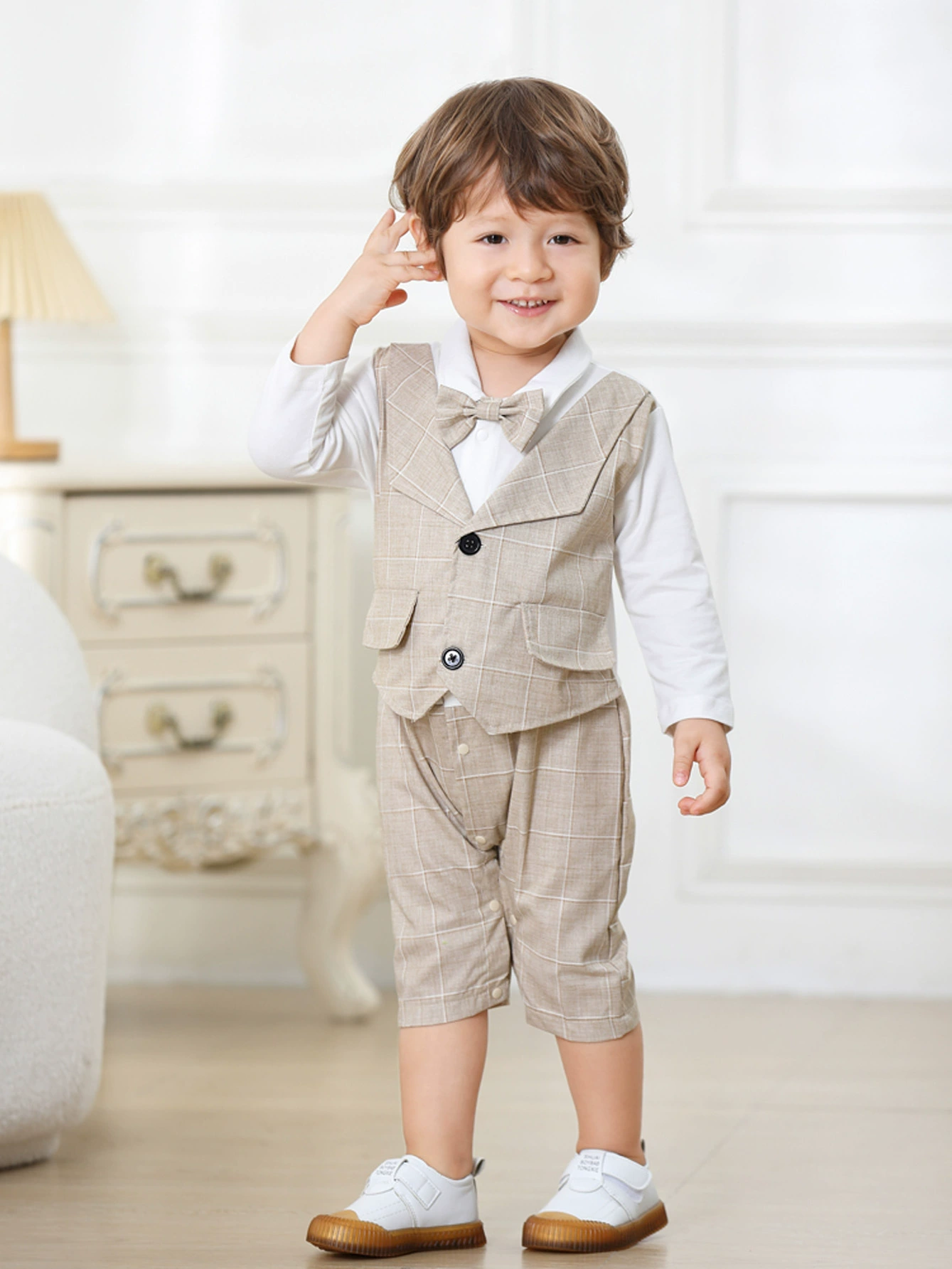 Spot cross -border spring and autumn new babies handsome connecting children's plaid fake two -piece fake