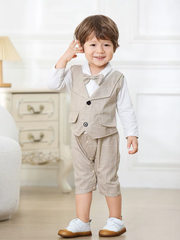 Spot cross -border spring and autumn new babies handsome connecting children's plaid fake two -piece fake