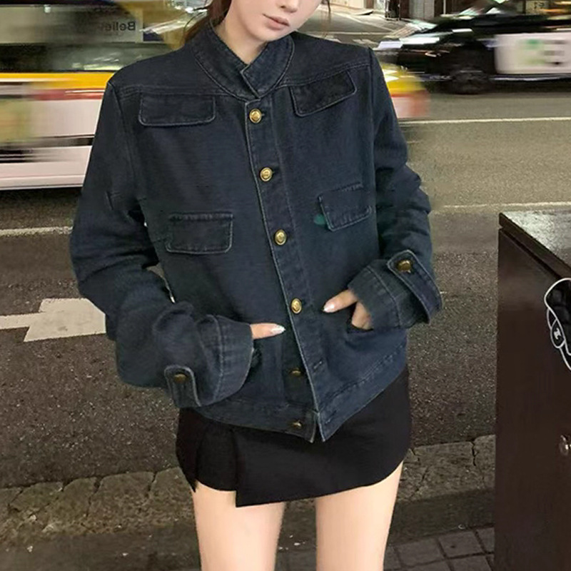 复古 “牛仔也老钱”中古立领正肩金扣口袋丹宁牛仔外套上衣女秋|undefined