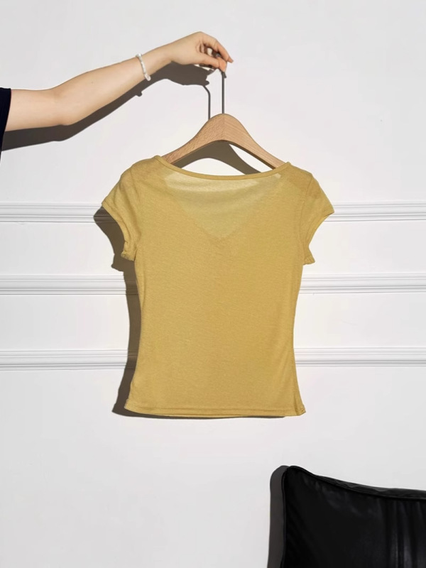 薄いデザインのレースアップUネック右肩半袖Tシャツ女性用2025夏新作ウエスト痩身気質トップ|undefined