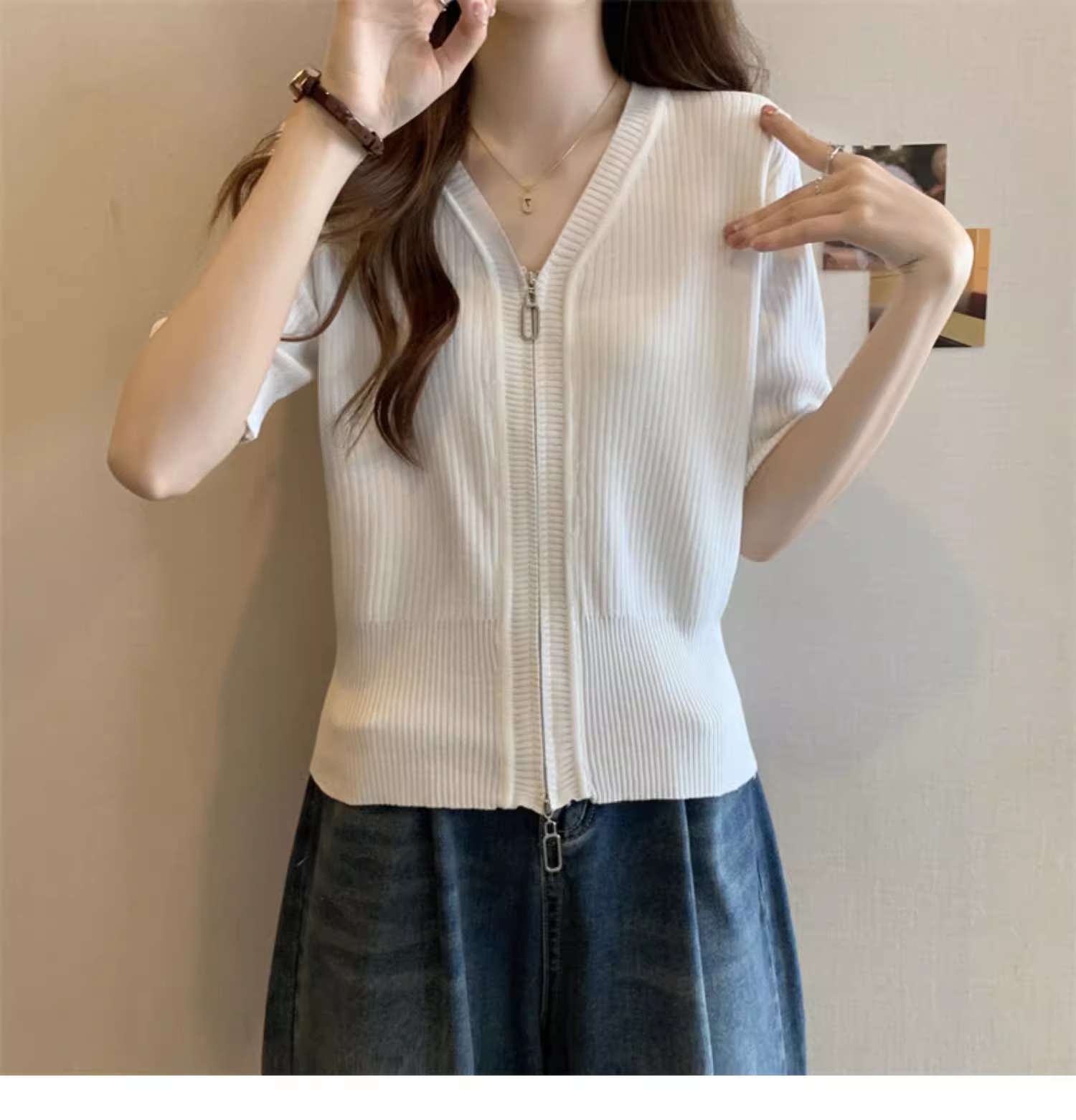 Áo len ngắn tay nữ cỡ lớn phong cách Hàn Quốc, chất liệu lụa mát, có dây kéo, che bụng hiệu quả — Màu đen chi tiết 3