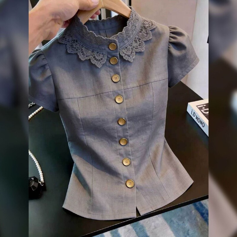 2026 Summer New Style French Design Gray Lace Stand-Up Collar Shirt, Beautiful and Super Stylish Top for Women