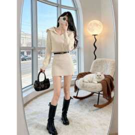 韩国感收腰毛衣裙子女春装新年战袍小个子显瘦包臀针织连衣裙