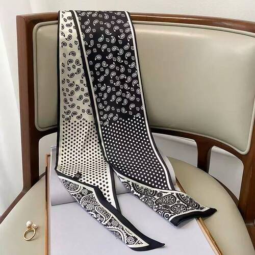 French double-sided cashew flower printed silk scarf long tie neck scarf versatile temperament multi-functional fringe shirt collar tie