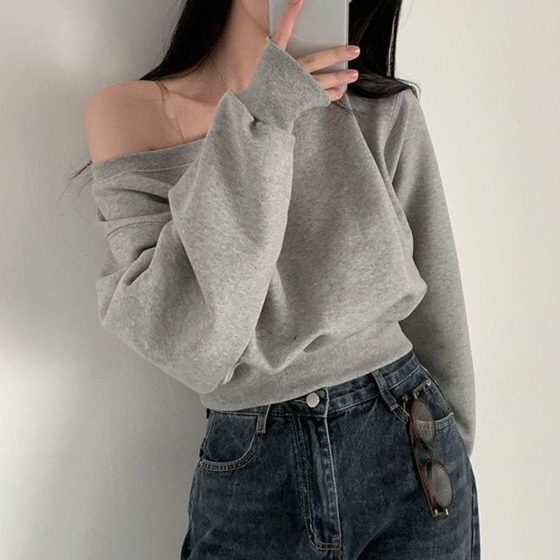얇은 솔리드 컬러 바텀 셔츠, 우아한 원라인 칼라, 오프숄더 루즈 캐주얼 탑, 여성스러운 짧은 긴팔 스웨트 셔츠
