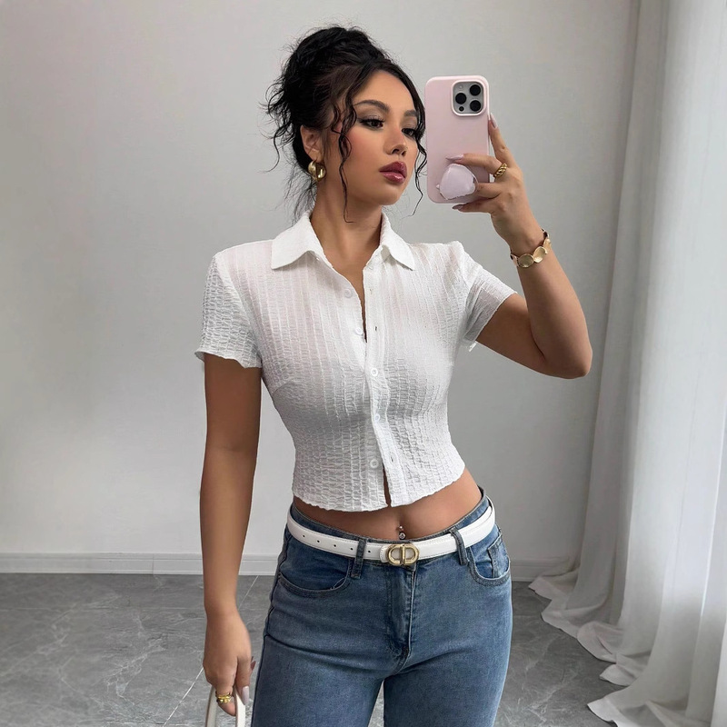 European and American Cross-Border White Short-Sleeve Shirt for Women, Short Style, 2026 Summer New Model, Slim Fit, Waist-Cinching Design, Trendy European and American Cross-Border White Short-Sleeve Shirt for Women, Short Style, 2026 Summer New Model, Slim Fit, Waist-Cinching Design, Trendy