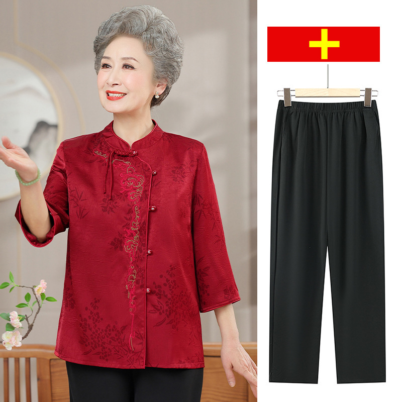 Mom's National Style Summer Tops, Elderly Summer Clothes, Women's New Chinese Style Grandma's Shirt, Thin Happy Mother-In-Law's Wedding Suit