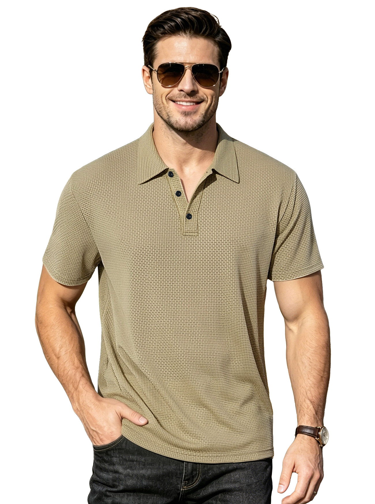 Transfronterizos europeos y americanos ebay verano hombre camiseta de seda de hielo transpirable delgada solapa de color sólido casual americano de manga corta grande