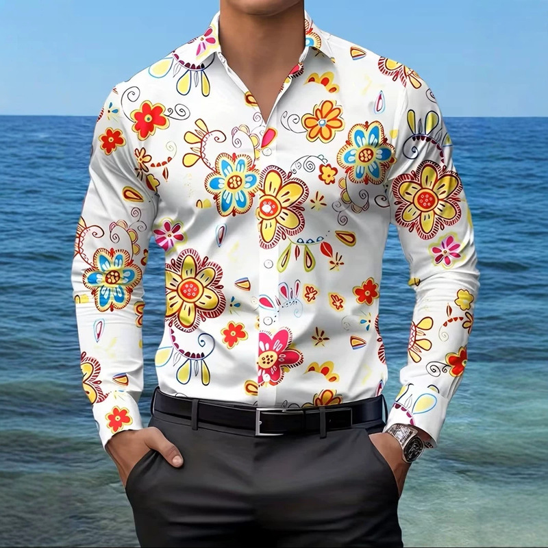 Foreign Trade 2026 Men's Fashion Printed Shirt 70S Retro Floral Pattern Casual Long-Sleeved Button-Down Shirt