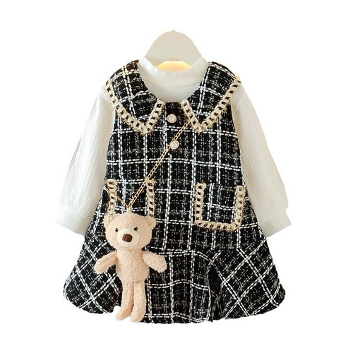  New Autumn Girls Set Korean Style Dress Baby V-Neck Dress Cute Little Fragrance Long-Sleeve Two-Piece Set