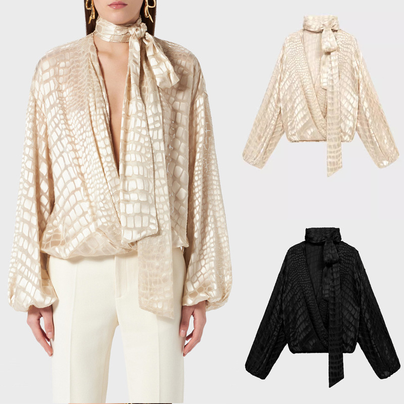 Blum @ rine French Niche Ribbon V-Neck Long Sleeve Women's Shirt Autumn Imitation Crocodile Pattern Elegant Neck Top