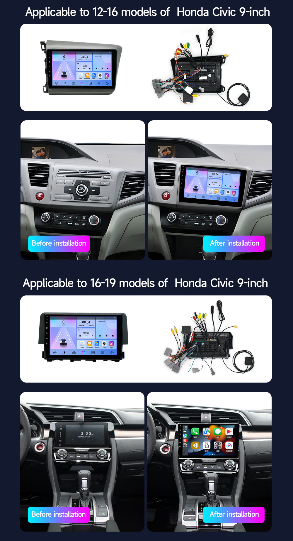 CarPlay Car Navigation GPS Stereo for Honda Civic 2016-21dvd