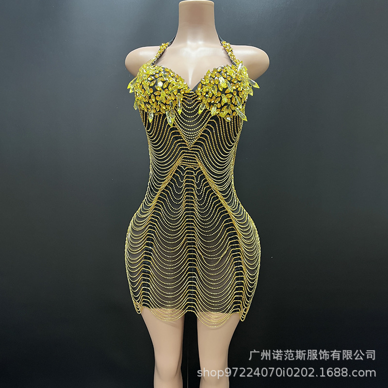 New Heavy Industry Chain Gold Diamond Mini Hip Skirt Singer Shiny Performance Dress Cocktail Party Short Dress