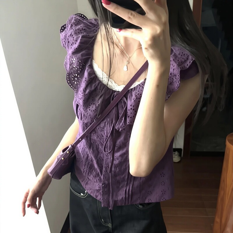 Ruffled jacquard embroidered purple shirt for women, summer design with a unique Korean style, chic outfit with small flutter sleeves Ruffled jacquard embroidered purple shirt for women, summer design with a unique Korean style, chic outfit with small flutter sleeves