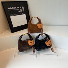 女士豹纹单肩包女小众设计手提hobo包韩版时尚斜挎包配毛绒熊挂件