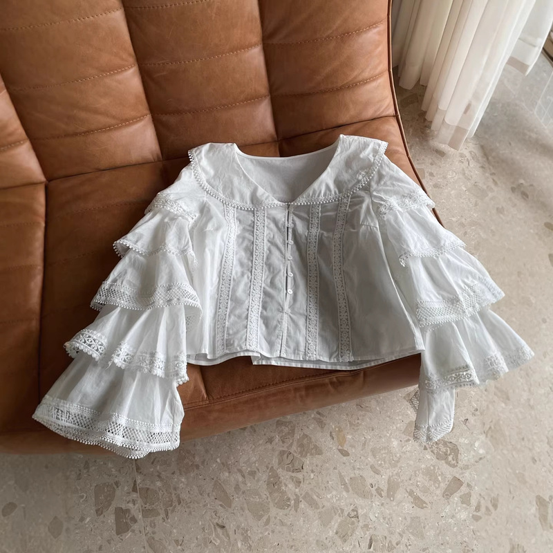 2026 Spring and Autumn Resort Style Design Layered Ruffle Patchwork Sleeves Heavy Embroidery Short Shirt Bv