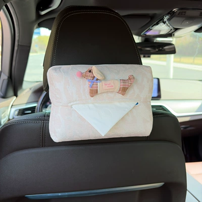 Cartoon Fabric Dachshund Dog Car Car tissue box/set - fabric-patch-style-pink-brown-plaid-dogleopard-print-tissue-box-off-white
