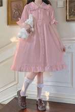 洛丽塔夏季日系软妹可爱边娃娃领系带泡泡短袖荷叶边连衣裙女代发