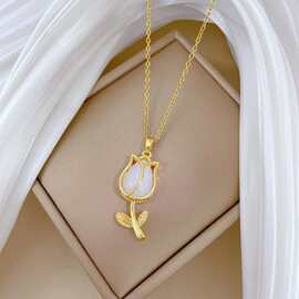 郁金香微镶吊坠项链女气质百搭时尚小众ins风网红轻奢钛钢锁骨链