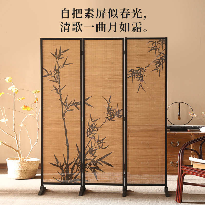 New Chinese Style Screen Bamboo Stickers Customized Tea House Partition Bamboo Living Room Fence Small Apartment Balcony National Style New