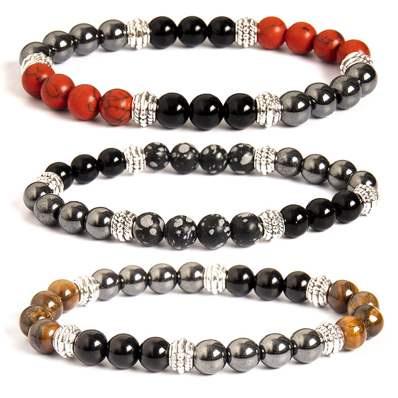 European and American Cross-border New Style Bracelet Fashion Black Gallstone Spelling Red Pine Stone Tiger Eye Big Hole Bead Men's Beaded Bracelet