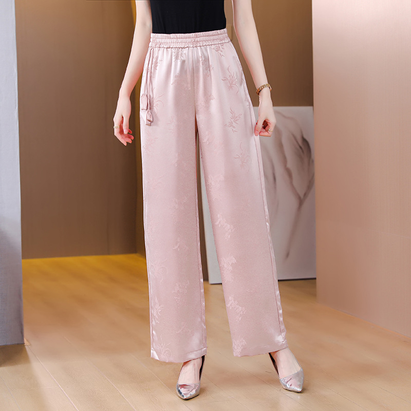Women's Large Size Silk Jacquard Wide Leg Pants 2023 Summer New Style Elegant Fashionable Staggered Waist Casual Pants for Moms