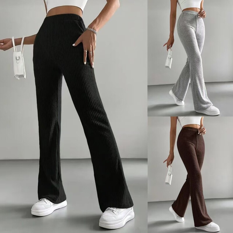2025 Cross-Border Spring and Autumn New Flared Pants Women's Solid Color Casual Pants Ribbed Knit Fashion Versatile Slim Long Pants 2025 Cross-Border Spring and Autumn New Flared Pants Women's Solid Color Casual Pants Ribbed Knit Fashion Versatile Slim Long Pants