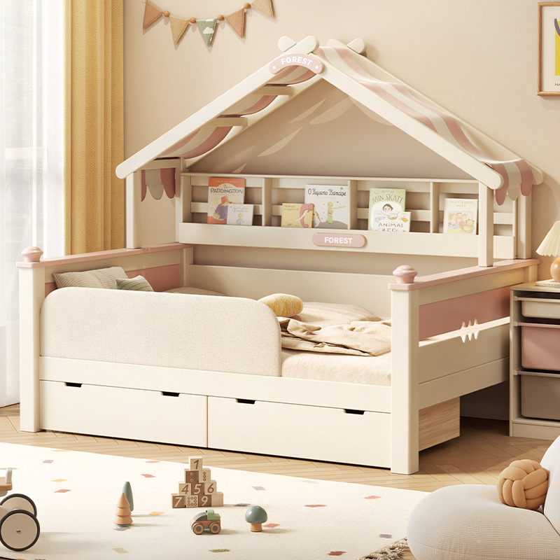 All Solid Wood Kidsren's Tree House Bed, Horse Chestnut Wood 1.2m Single Bed, Boy and Girl Guardrail Bed, 1.5m Wooden House Bed