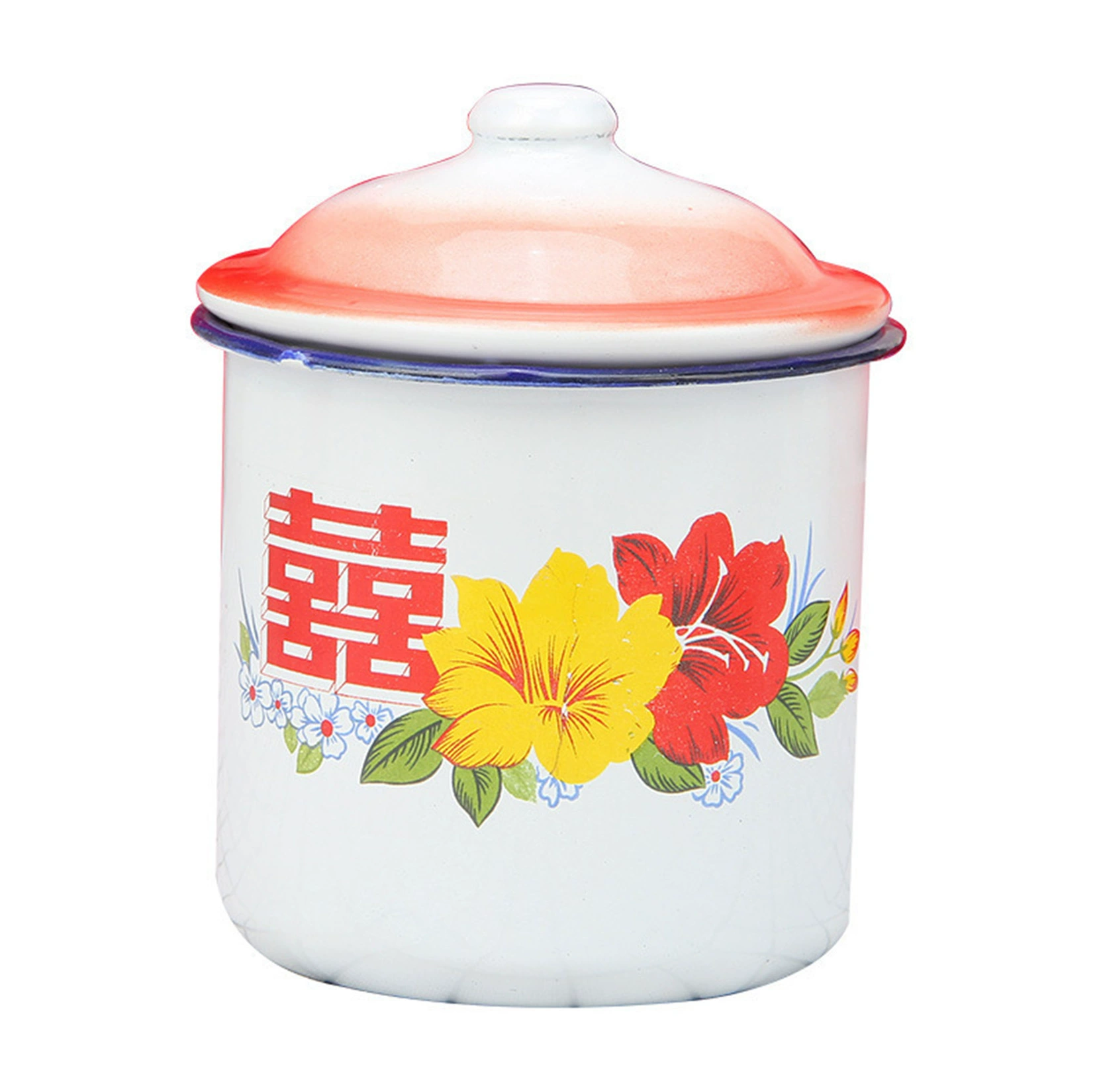 Flower Double Happiness Enamel Cup Nostalgic Classic Large Tea Tank with Lid Old Fashioned Tea Tank Old Cadre Large Capacity Water Cup