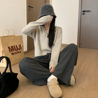灰色糯米裤女春秋2026新款高腰垂感休闲小个子秋冬针织加绒阔腿裤