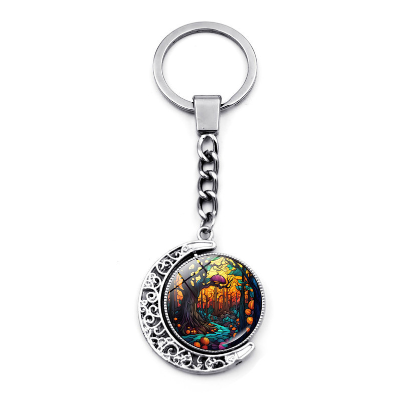 Llavero con colgante de castillo fantasma de Halloween, colgante de luna giratoria de doble cara, llavero de regalo con atmósfera espeluznante_voghion.com