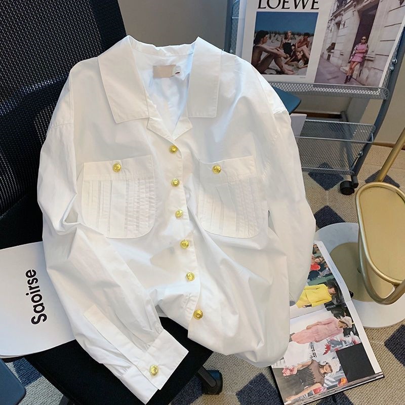Designed Niche Chic Collar Long-Sleeved Shirt for Women Spring and Autumn Loose Retro Hong Kong Style Jacket Top